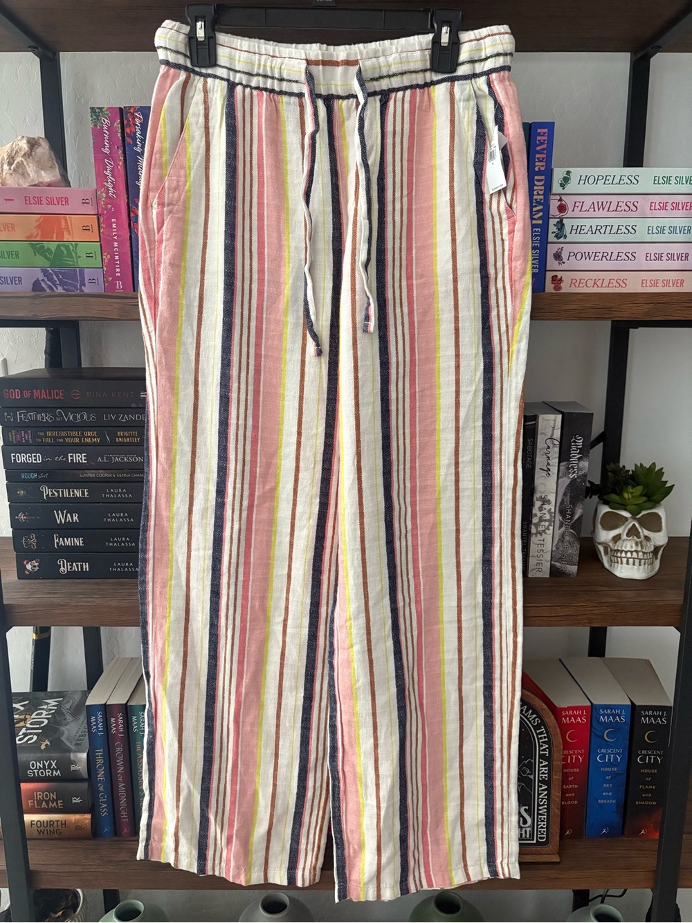 Striped Drawstring Linen-Blend Womens Pants - Pink/Blue/Yellow
